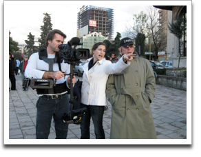 DP Neil Barrett, Director Rachel Goslins, and Norman Gershman on location in Tirana, Albania. ©JWM Productions, LLC